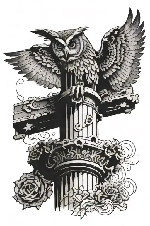 ancient themed broken column and owl top of it tattoo design idea
