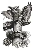 ancient themed broken column and owl top of it tattoo design idea