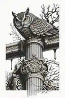 ancient themed broken column and owl top of it tattoo design idea