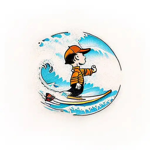 A traditional tattoo design showcasing the iconic Charlie Brown Jr logo merged with a powerful wave and a determined surfer riding it tattoo design idea