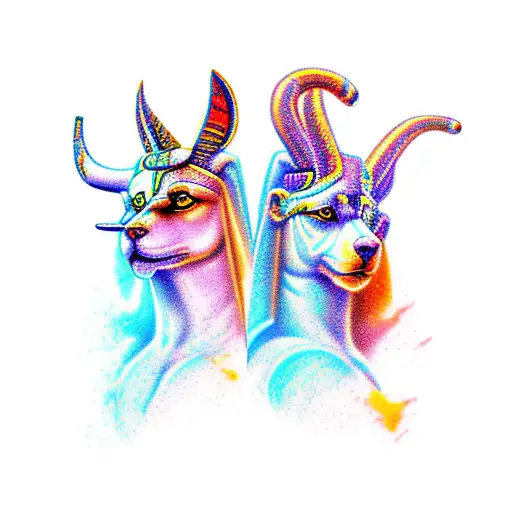 A dynamic and colorful tattoo showcasing Zeus and Anubis in a dynamic battle scene, blending elements of new-school and traditional styles tattoo design idea