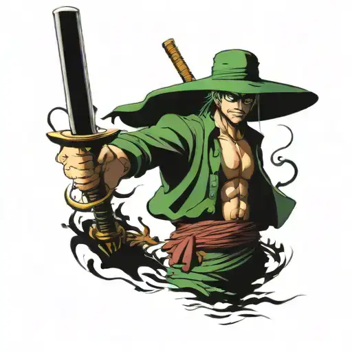 zoro from one piece holding a katana sword that has a metal detecting coil at the end of the blade tattoo design idea