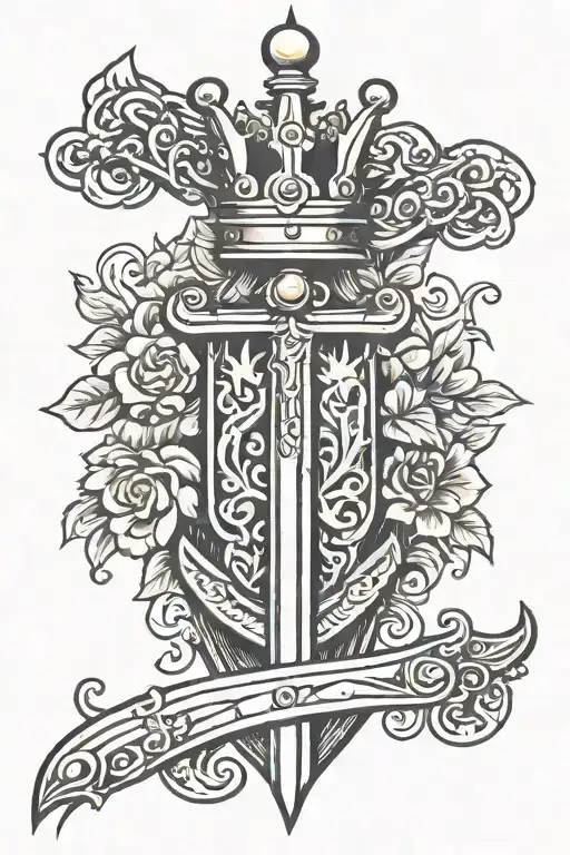 sword with a upside crown hanging tattoo design idea
