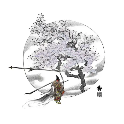 japanese god hachiman from the game smite riding a horse holding bow in front of cherry blossom tree tattoo design idea