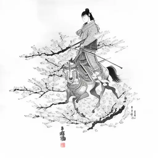 japanese god hachiman riding horse holding bow in front of cherry blossom tree tattoo design idea