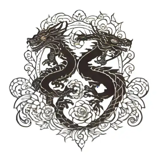 Two twin black dragons with flower in middle for lower back tattoo  tattoo design idea