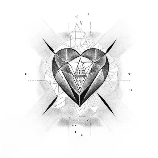 Heart with one eye in the middle, triangles around and lines  tattoo design idea