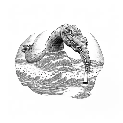 loch ness monster smoking weed and wearong a wit tattoo design idea