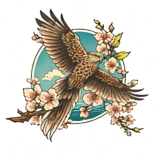 hawk soaring, cherry blossoms, ocean scene tattoo design idea