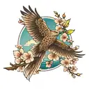 hawk soaring, cherry blossoms, ocean scene tattoo design idea