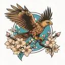 hawk soaring, cherry blossoms, ocean scene tattoo design idea