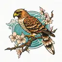 hawk soaring, cherry blossoms, ocean scene tattoo design idea