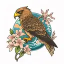hawk soaring, cherry blossoms, ocean scene tattoo design idea