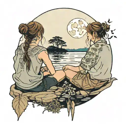 Two girls from the back, sitting by the river under the moon, their heads turned towards each other, the girl on the right has light brown hair, the girl with tattoo design idea
