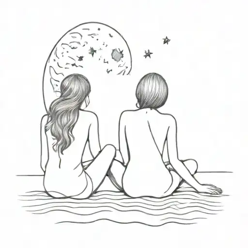 Two girls from behind, sitting by the river under the moon, heads turned towards each other tattoo design idea
