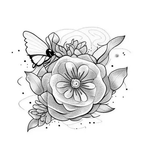 una mariposa y 3 flores por separado, tatuaje minimalista y en linea fina negra. tattoo design idea