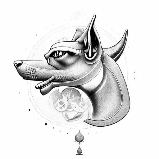 anubis with hieroglyph writting on the side tattoo design idea