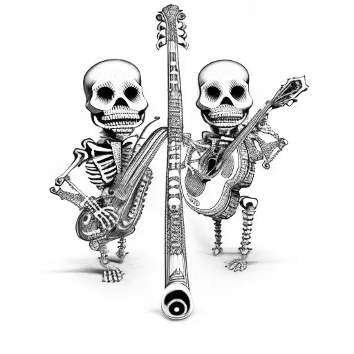 three skeletons with mariachi clothes and instruments tattoo design idea