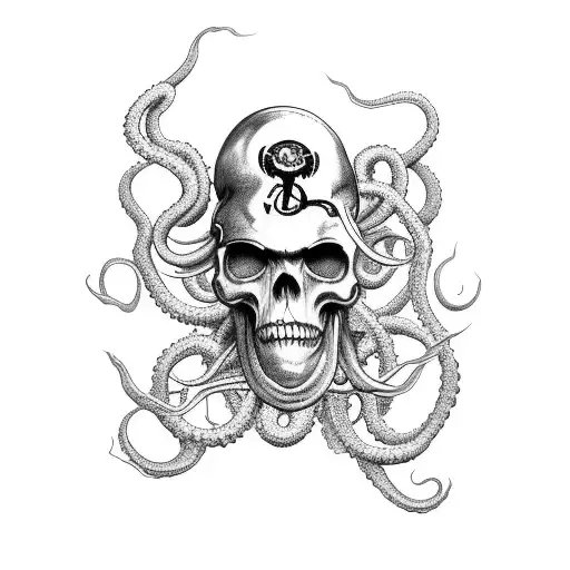 kraken with tentacles + pirate skull + ominous  tattoo design idea