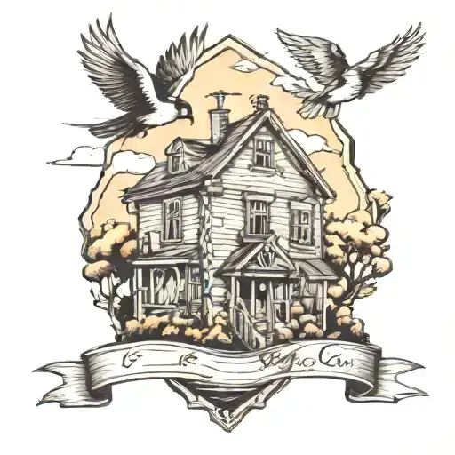 street sign and houses landscape with one  flying bird  tattoo design idea