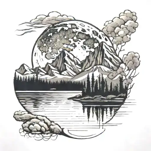 Lake, mountains, moon, no frame tattoo design idea