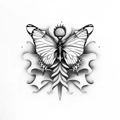 Butterfly with Scottish thistle and Irish harp tattoo design idea
