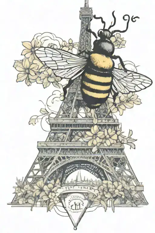 minimalist tattoo on the biceps with a bee flying around the Eiffel Tower tattoo design idea