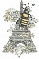 minimalist tattoo on the biceps with a bee flying around the Eiffel Tower tattoo design idea