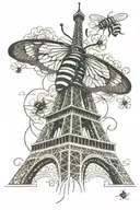 minimalist tattoo on the biceps with a bee flying around the Eiffel Tower tattoo design idea
