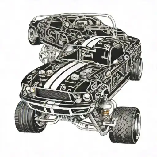 Incorporate circuit board patterns into a sleek car design inspired by the 1967 Shelby GT 500 fastback tattoo design idea