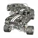 Incorporate circuit board patterns into a sleek car design inspired by the 1967 Shelby GT 500 fastback tattoo design idea