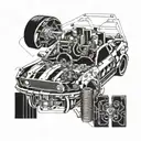 Incorporate circuit board patterns into a sleek car design inspired by the 1967 Shelby GT 500 fastback tattoo design idea