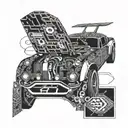 Incorporate circuit board patterns into a sleek car design inspired by the 1967 Shelby GT 500 fastback tattoo design idea