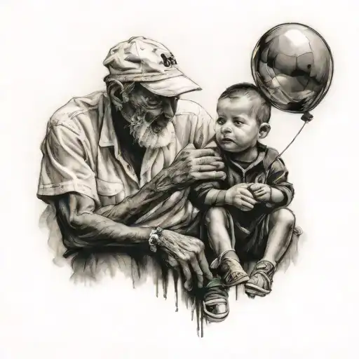 papa e hijo sentados con un balon en la mano mirando el barrio  tattoo design idea