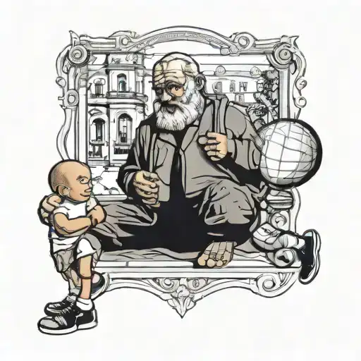 papa e hijoo sentados con un balon mirando el barrio  tattoo design idea