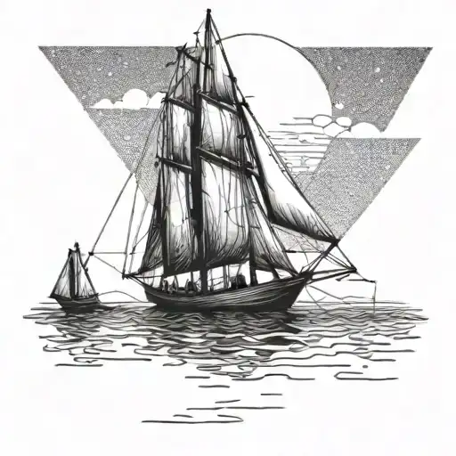 Person on a sail boat. reflection of the person pointing towards the horizon.  tattoo design idea