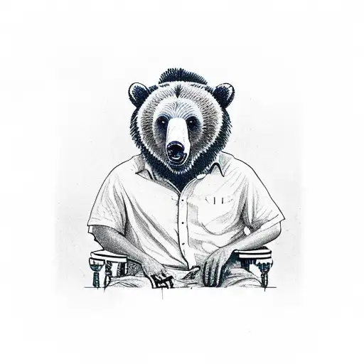 Grizzly bear smoking a Cuban cigar dressed like mafia sitting on a vintage chair tattoo design idea