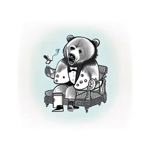 Grizzly bear smoking a Cuban cigar dressed like mafia sitting on a vintage chair tattoo design idea