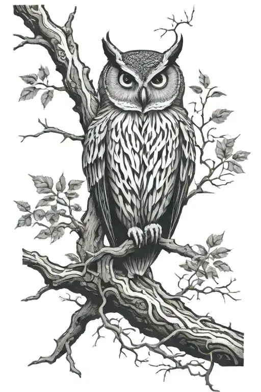 owl perched in large tree with 4-5 thick roots reaching down. tattoo design idea