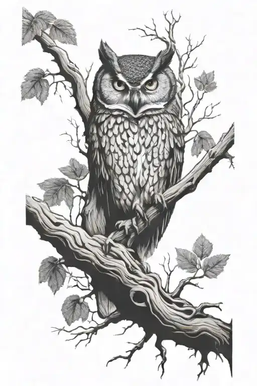 great horned owl perched in large tree with 4-5 thick roots snaking down. tattoo design idea