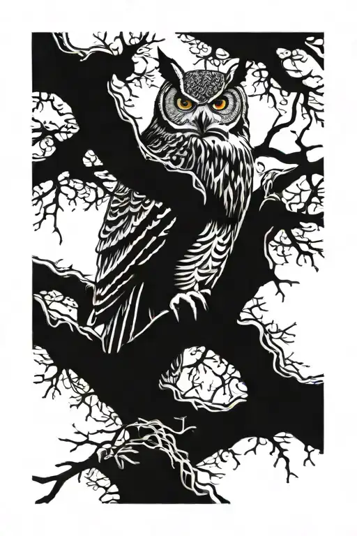 great horned owl perched in large tree with 4-5 thick roots snaking down. tattoo design idea