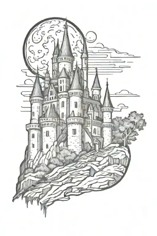 gothic castle with moon in background    tattoo design idea