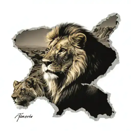Upper arm sleeve, A loin pride on a African rock plain, All female lions around A pride leading male lion  tattoo design idea