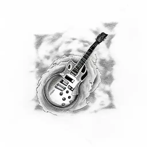 A 7x7  tattoo design of an astronaut holding a Les Paul guitar and below that add roman numerals of the date : 8th July  tattoo design idea