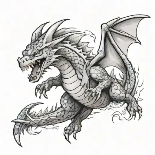 A realistic black and grey tattoo of a Charizard battling a Gyarados in a fierce Pokemon battle tattoo design idea