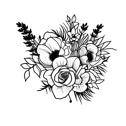 2D Bouquet with violet and lavender tattoo design idea