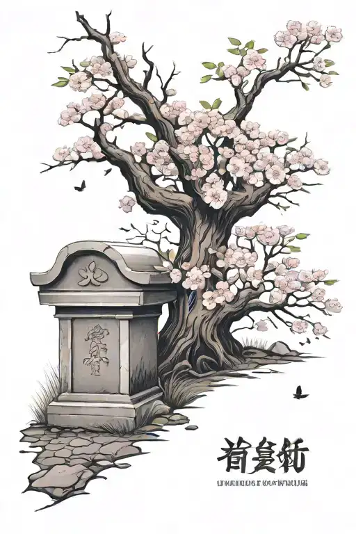 A cherry blossom tree dropping leaves, under which stands a grave in front of which a little boy is crying tattoo design idea