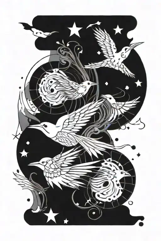 two abstract birds flying upwards circling each other, one bird is light and one is dark. elements surround them tattoo design idea