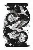 two abstract birds flying upwards circling each other, one bird is light and one is dark. elements surround them tattoo design idea