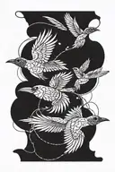 two abstract birds flying upwards circling each other, one bird is light and one is dark. elements surround them tattoo design idea